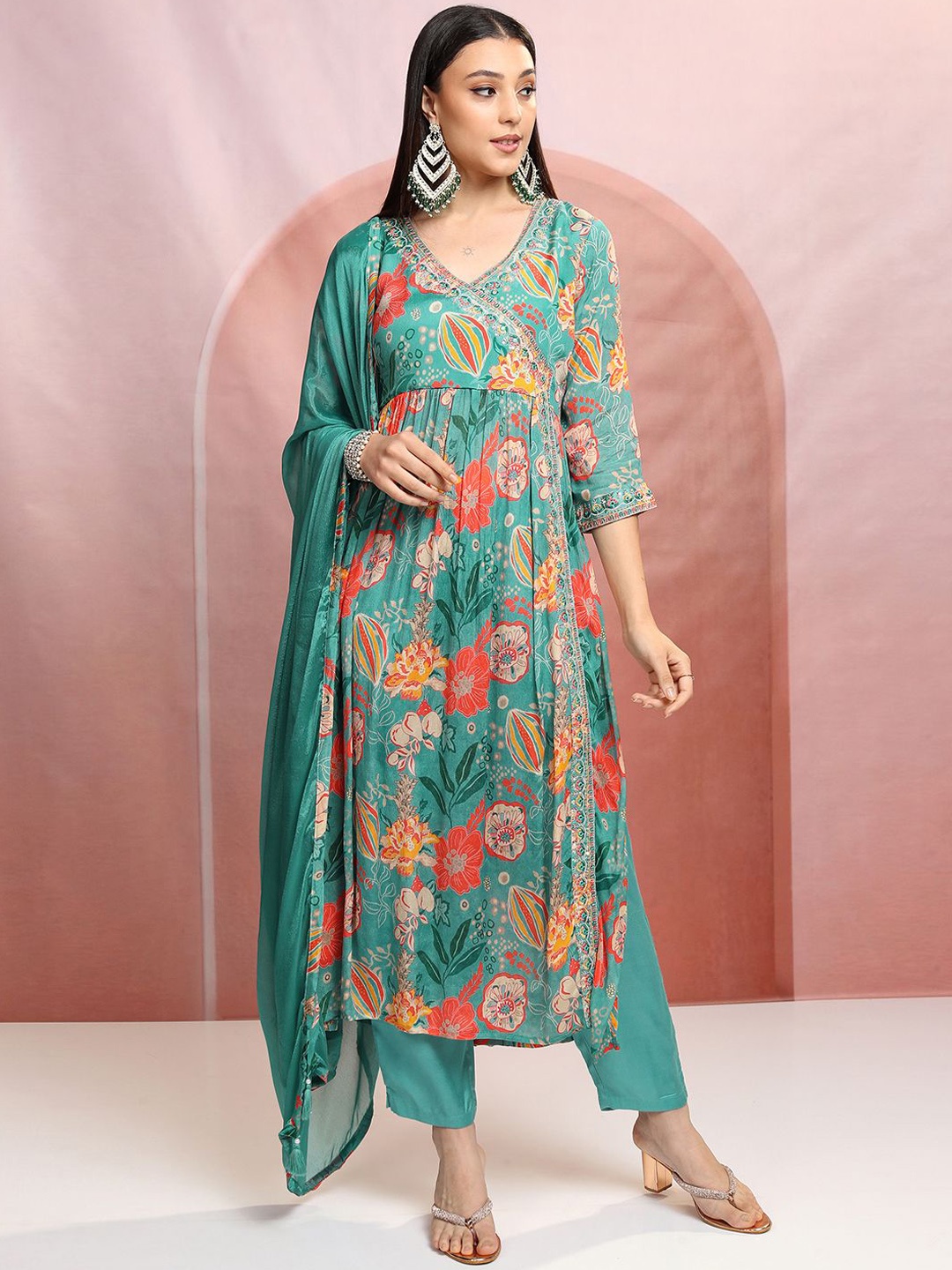 

Vishudh Women Floral Printed Angrakha Kurta with Trousers & With Dupatta, Blue