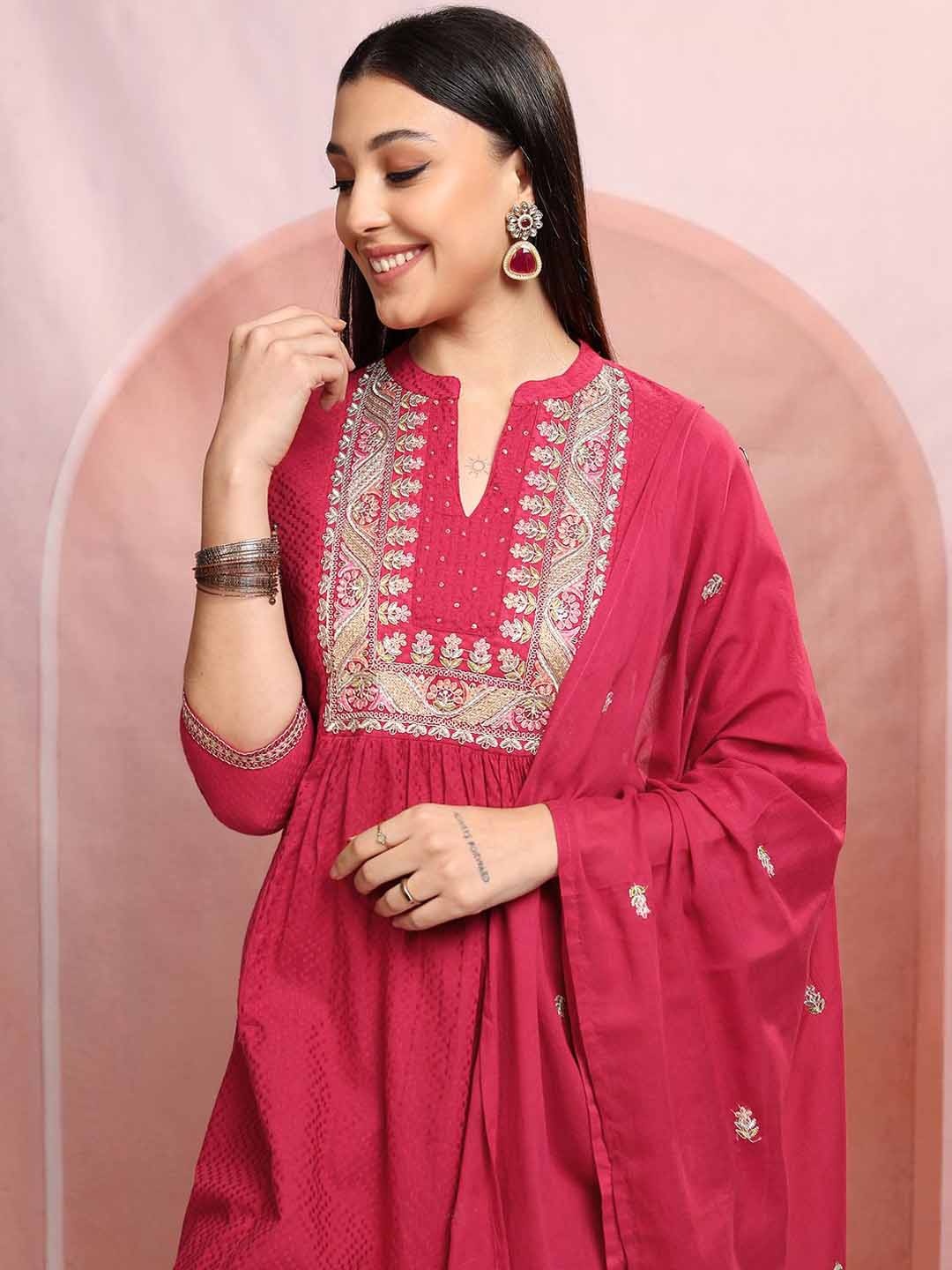 

Vishudh Pink & Green Floral Embroidered Pure Cotton A-Line Kurta & Trousers With Dupatta