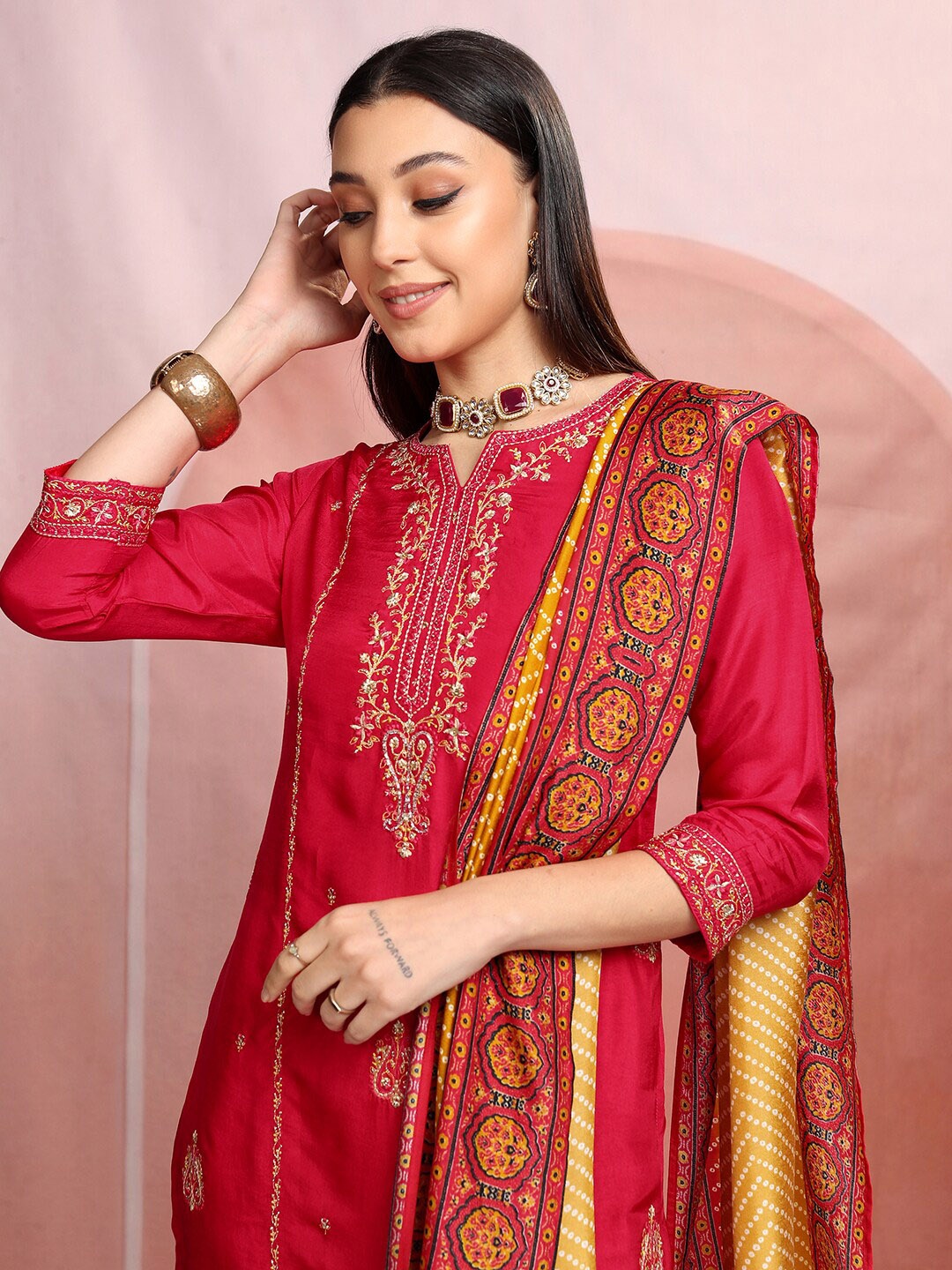 

Vishudh Red Ethnic Motifs Embroidered Sequinned Straight Kurta With Trousers & Dupatta