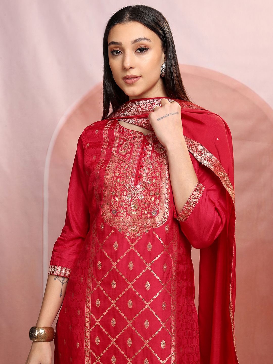 

Vishudh Red Woven Design Zari Notch Neck Straight Kurta With Trousers & Dupatta