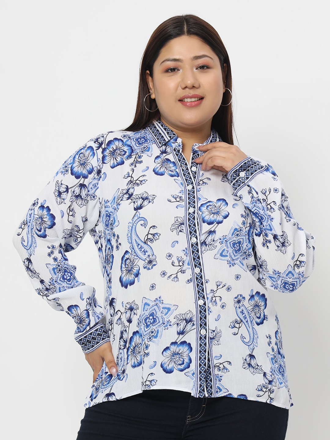 

VELDRESS Floral Print Shirt Style Top, White