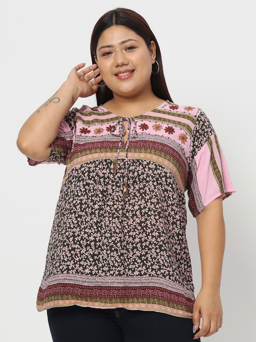 

VELDRESS Ethnic Motifs Printed Tie-Up Neck Top, Pink