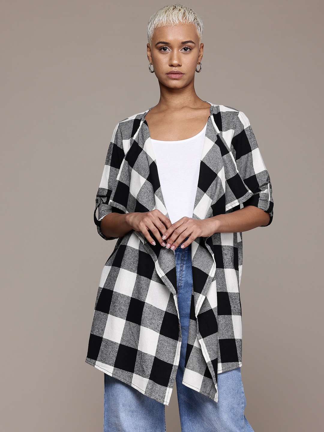 

Roadster Checked Pure Cotton Longline Shrug, Black