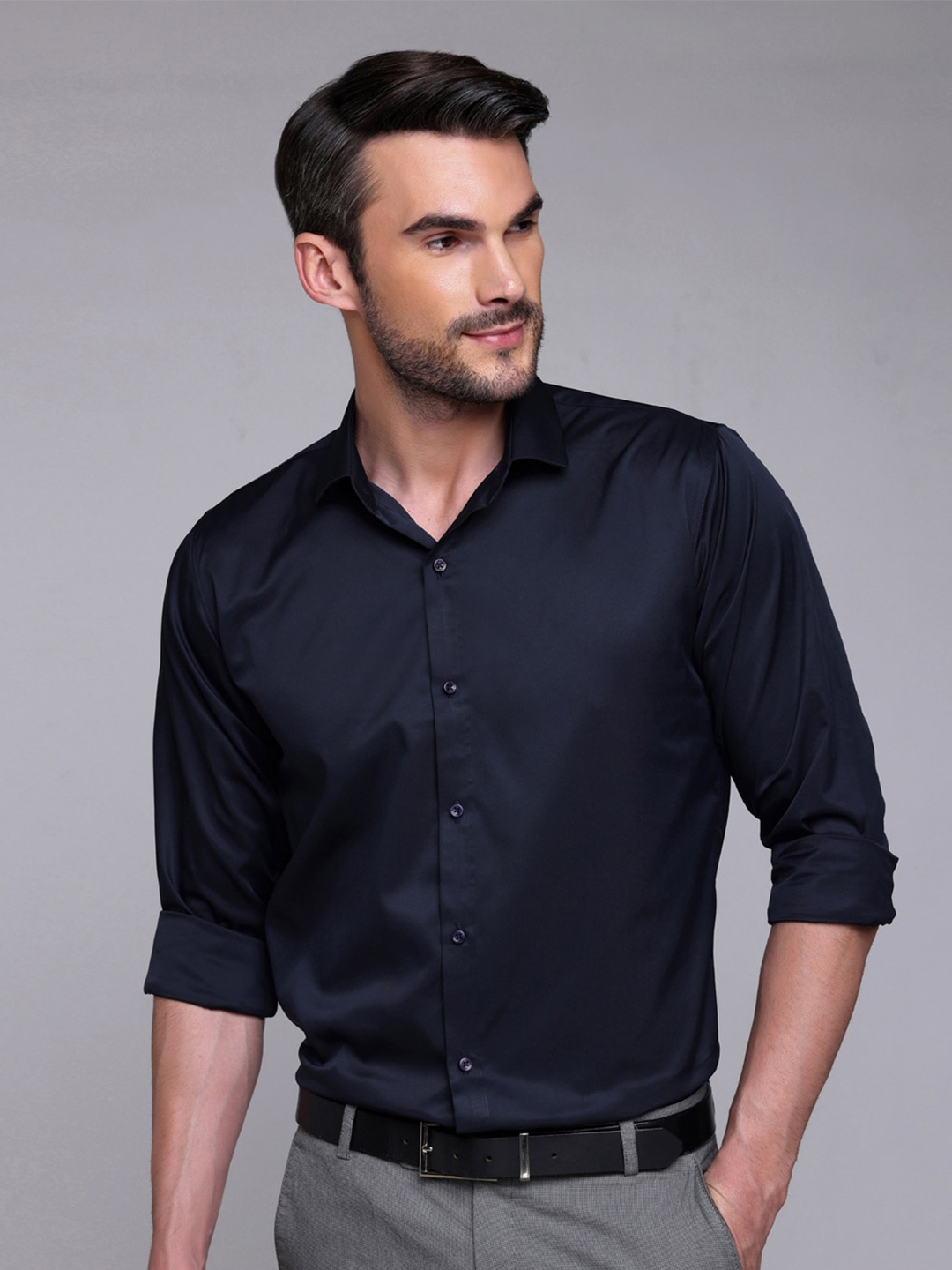 

FILO HEVIS Classic Spread Collar Satin Formal Shirt, Navy blue