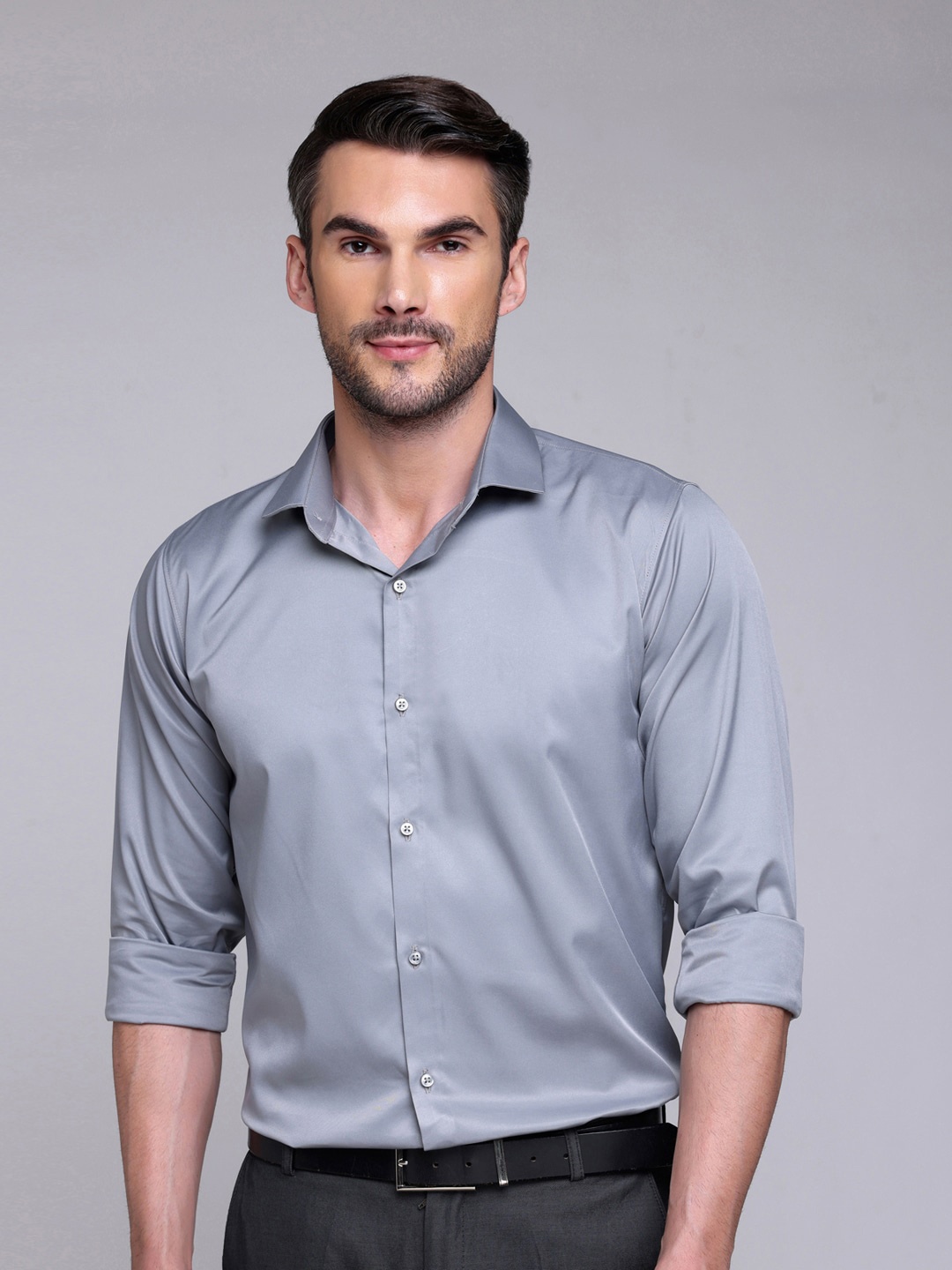 

FILO HEVIS Classic Spread Collar Satin Formal Shirt, Grey