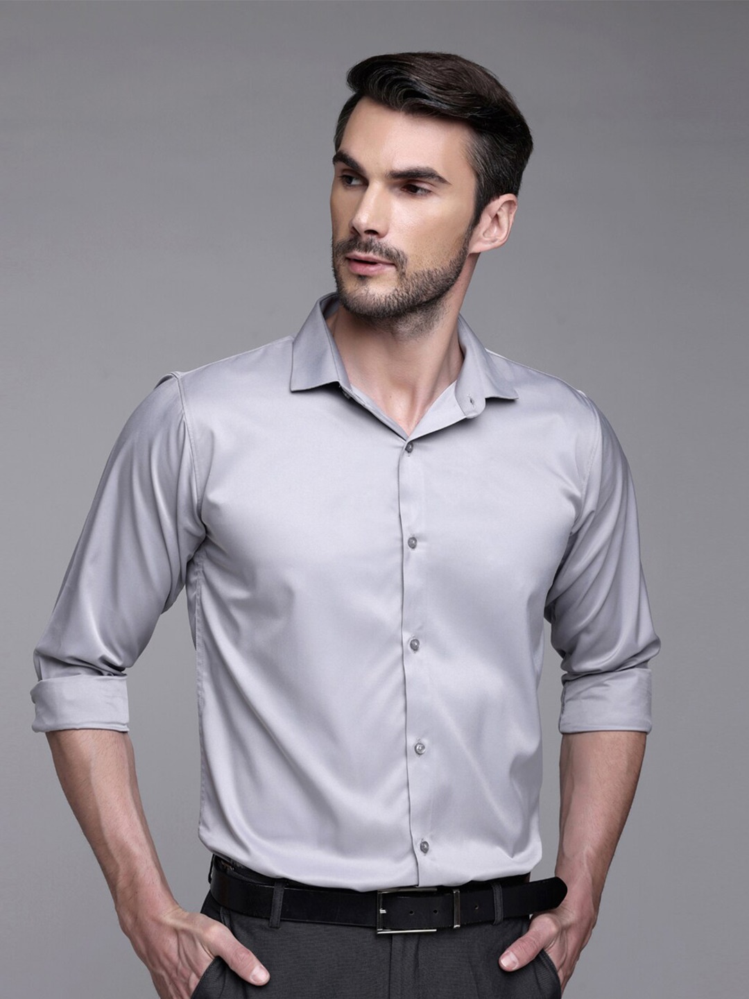 

FILO HEVIS Classic Spread Collar Satin Formal Shirt, Grey