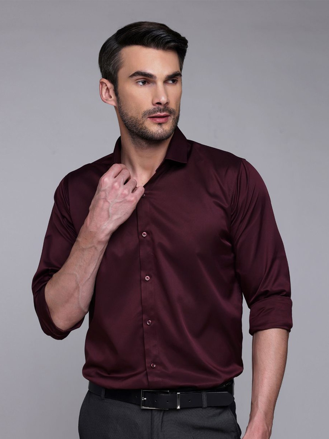 

FILO HEVIS Classic Spread Collar Satin Formal Shirt, Maroon