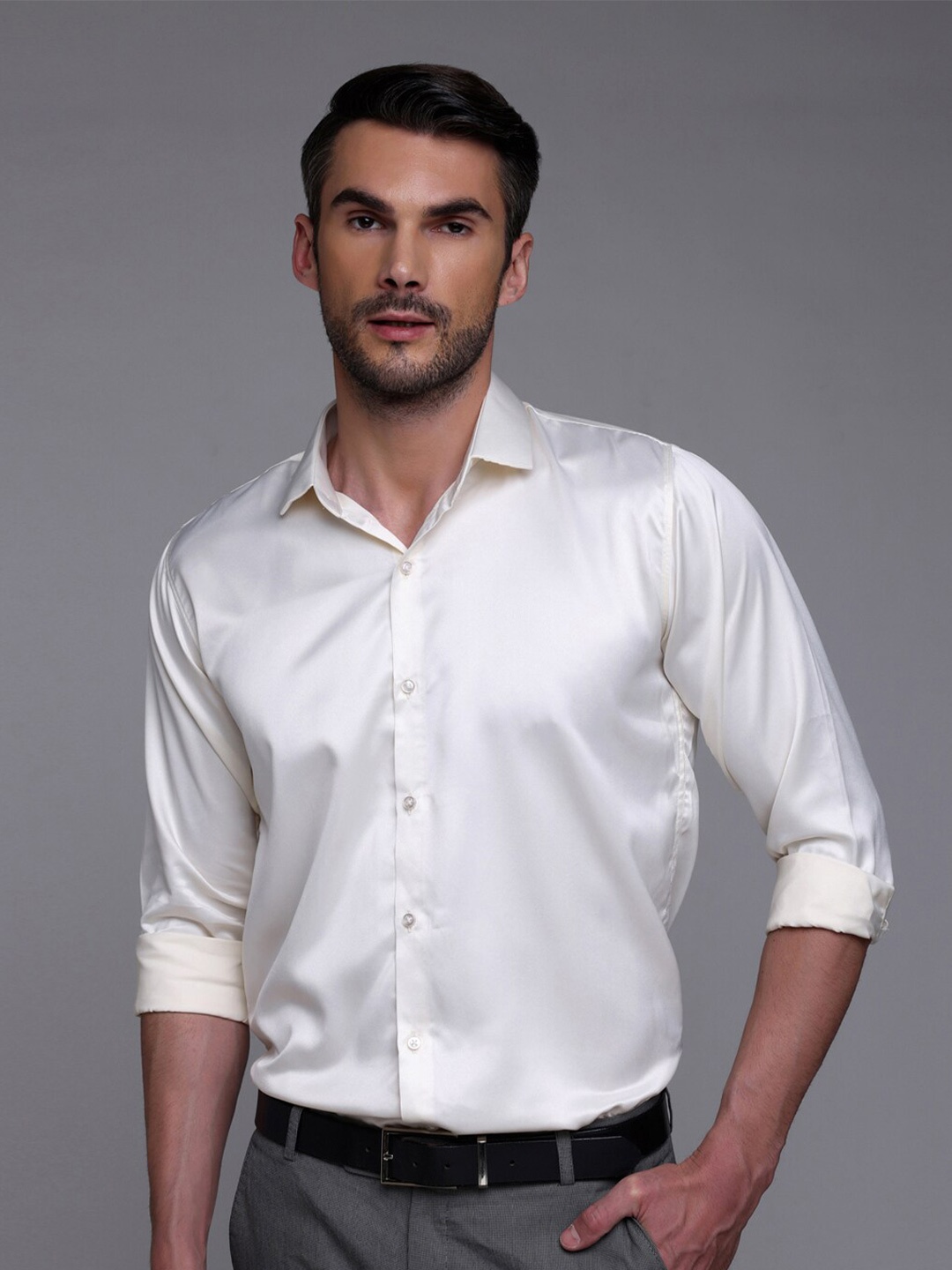 

FILO HEVIS Classic Spread Collar Satin Formal Shirt, Cream