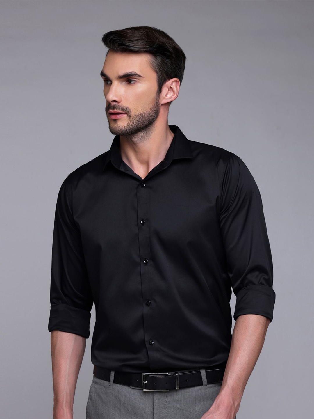 

FILO HEVIS Classic Spread Collar Satin Formal Shirt, Black