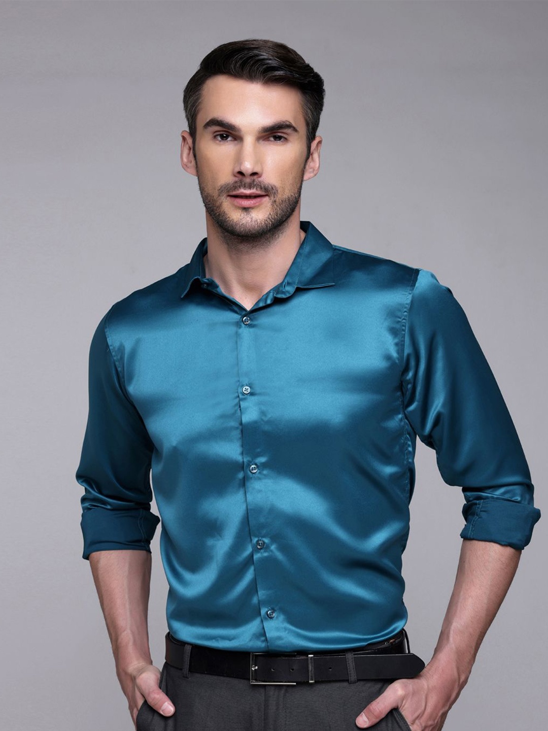 

FILO HEVIS Classic Spread Collar Satin Formal Shirt, Blue
