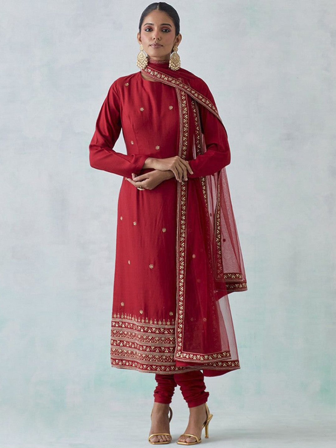 

KALINI Ethnic Motifs Embroidered Chanderi Silk Straight Kurta With Churidar & Dupatta, Red
