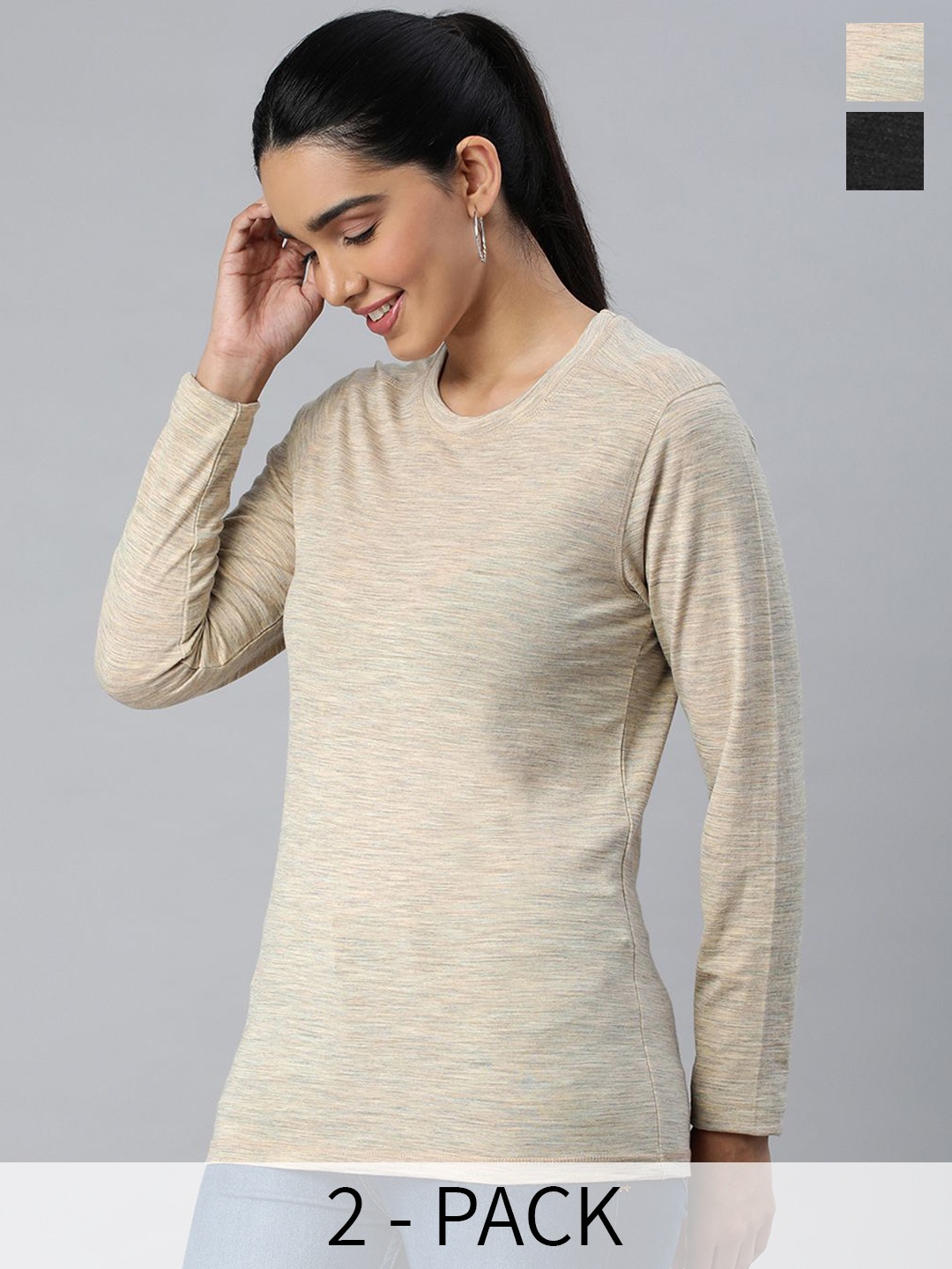 

Kosha Women's Pack Of 2 Combo Merino Wool & Bamboo Lightweight Heat Retention Thermal Top, Black