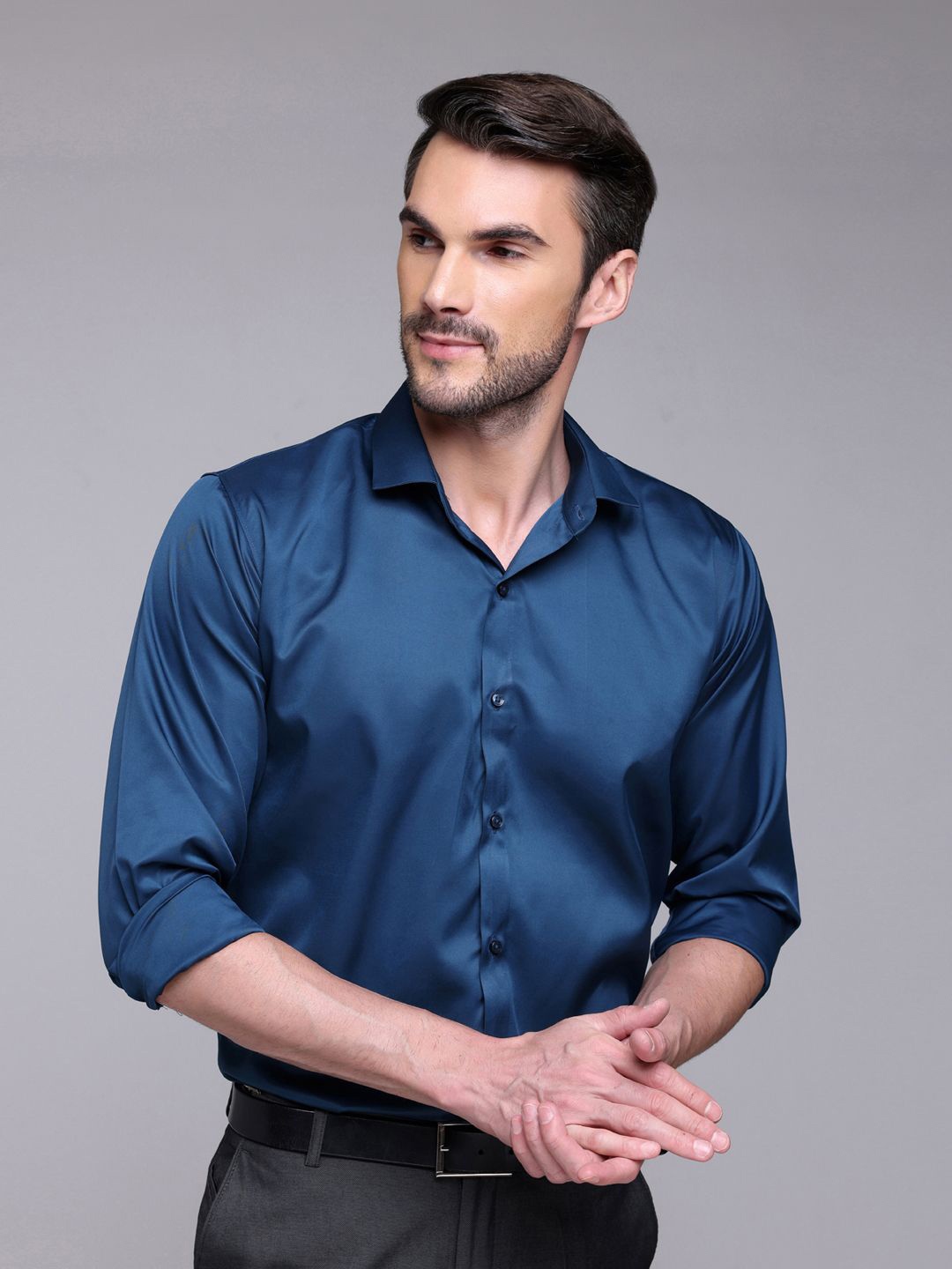 

FILO HEVIS Classic Spread Collar Satin Formal Shirt, Blue
