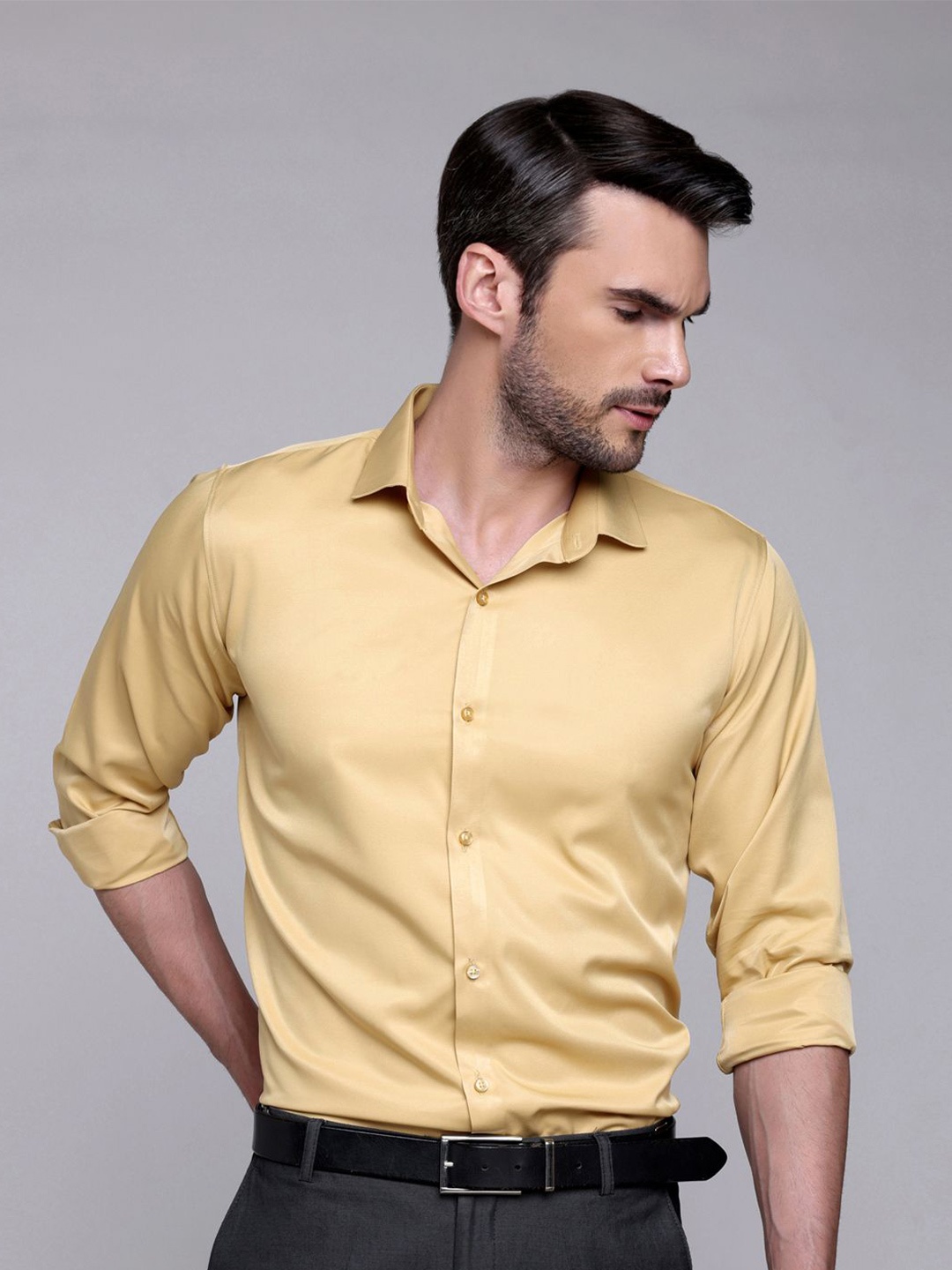 

FILO HEVIS Classic Spread Collar Satin Formal Shirt, Yellow