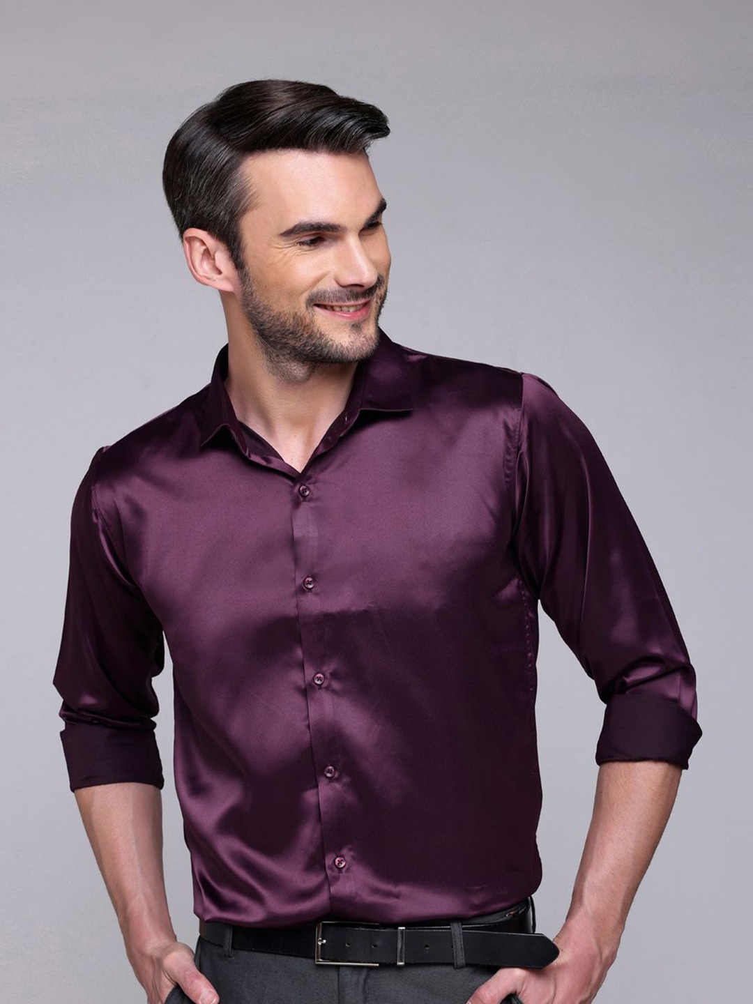 

FILO HEVIS Classic Spread Collar Satin Formal Shirt, Burgundy