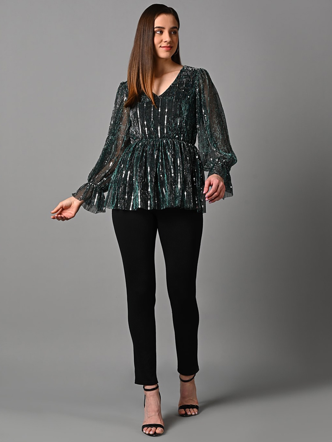 

Justin Whyte Embellished Bell Sleeve Chiffon Top, Green