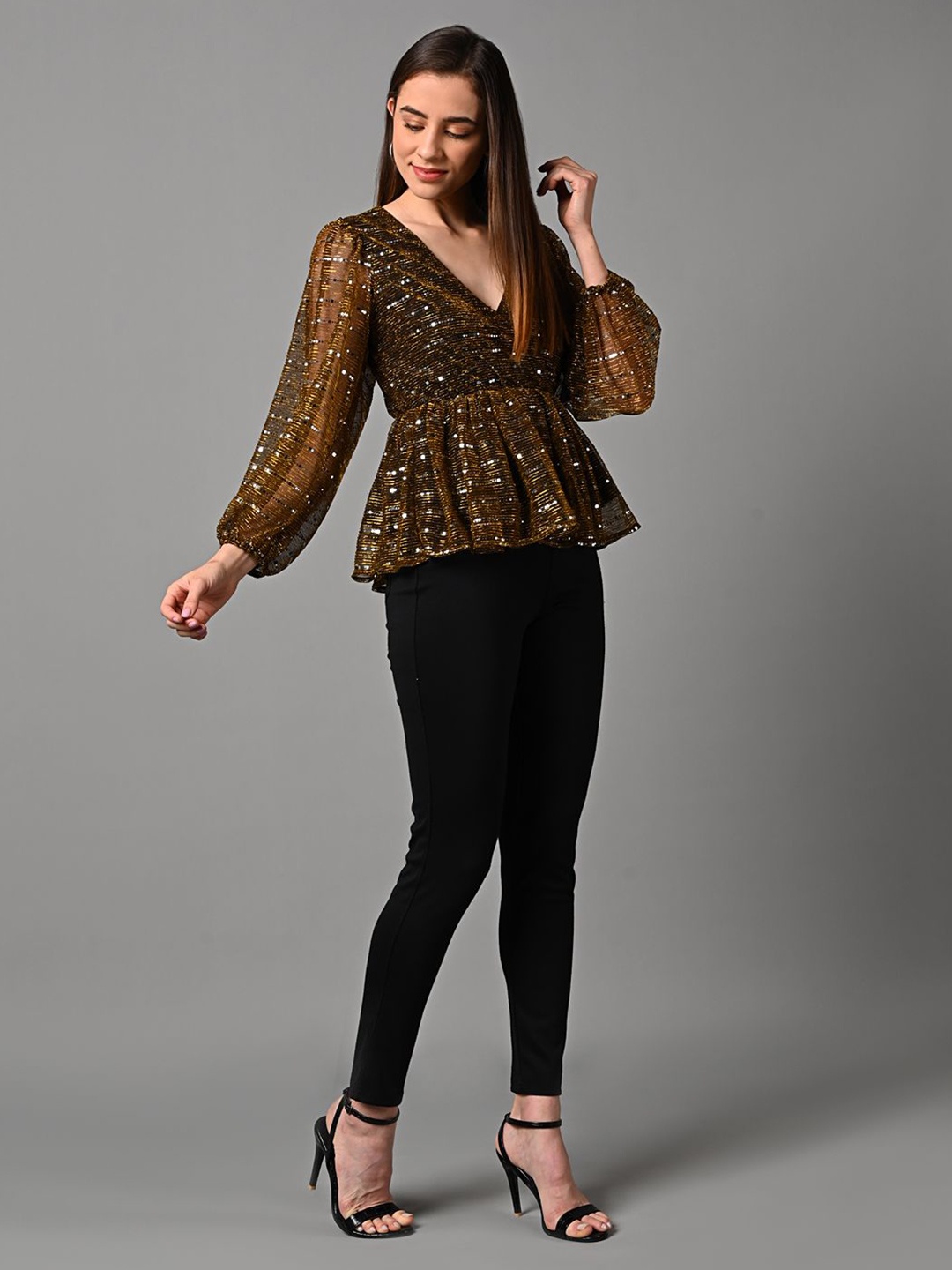 

Justin Whyte Embellished Puff SleeveV-Neck Peplum Top, Copper