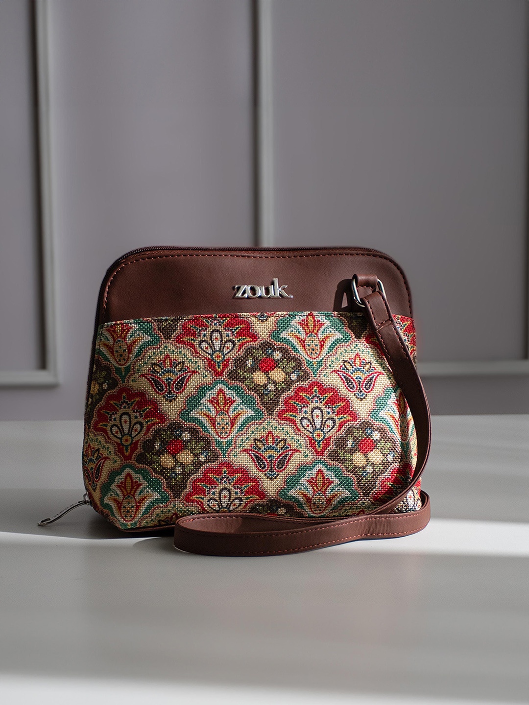 

ZOUK Ethnic Motifs Printed Structured Sling Bag, Brown