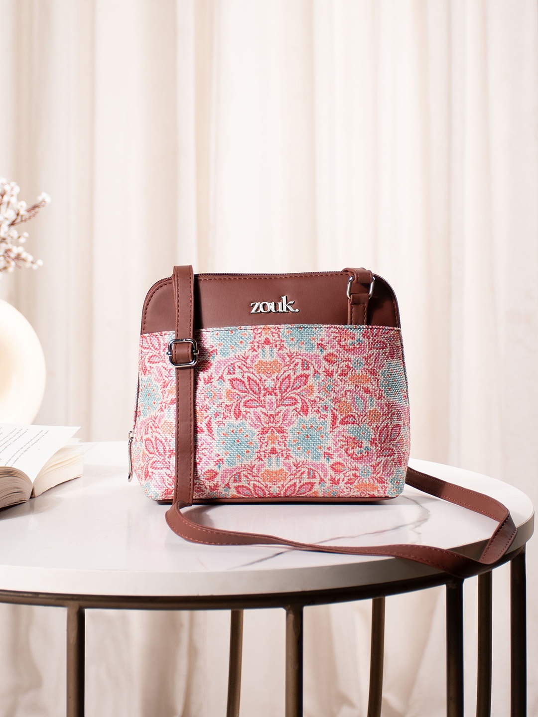 

ZOUK Floral Printed Structured Sling Bag, Pink