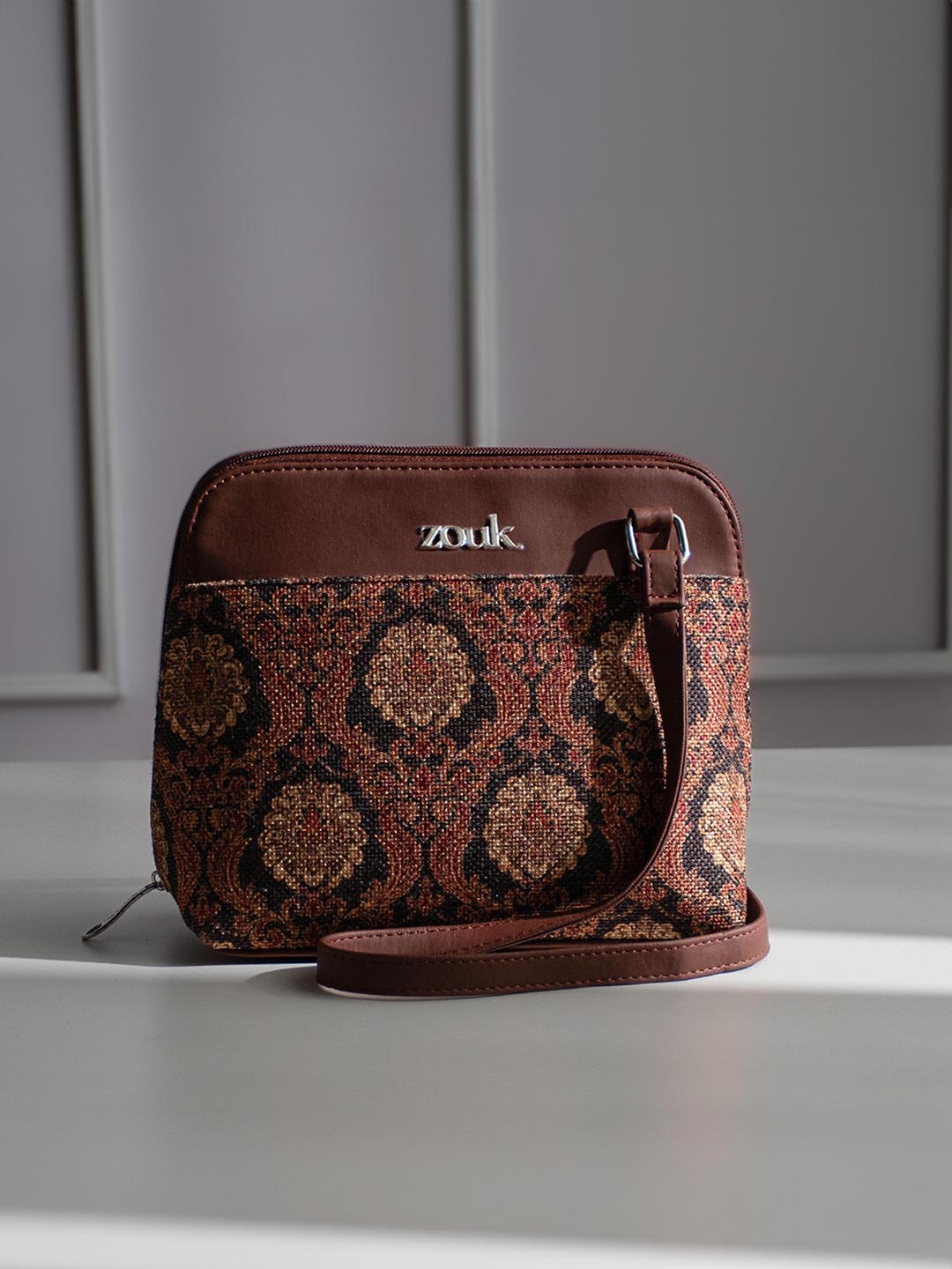 

ZOUK Jodhpur Damask Ethnic Motifs Printed Structured Sling Bag, Brown