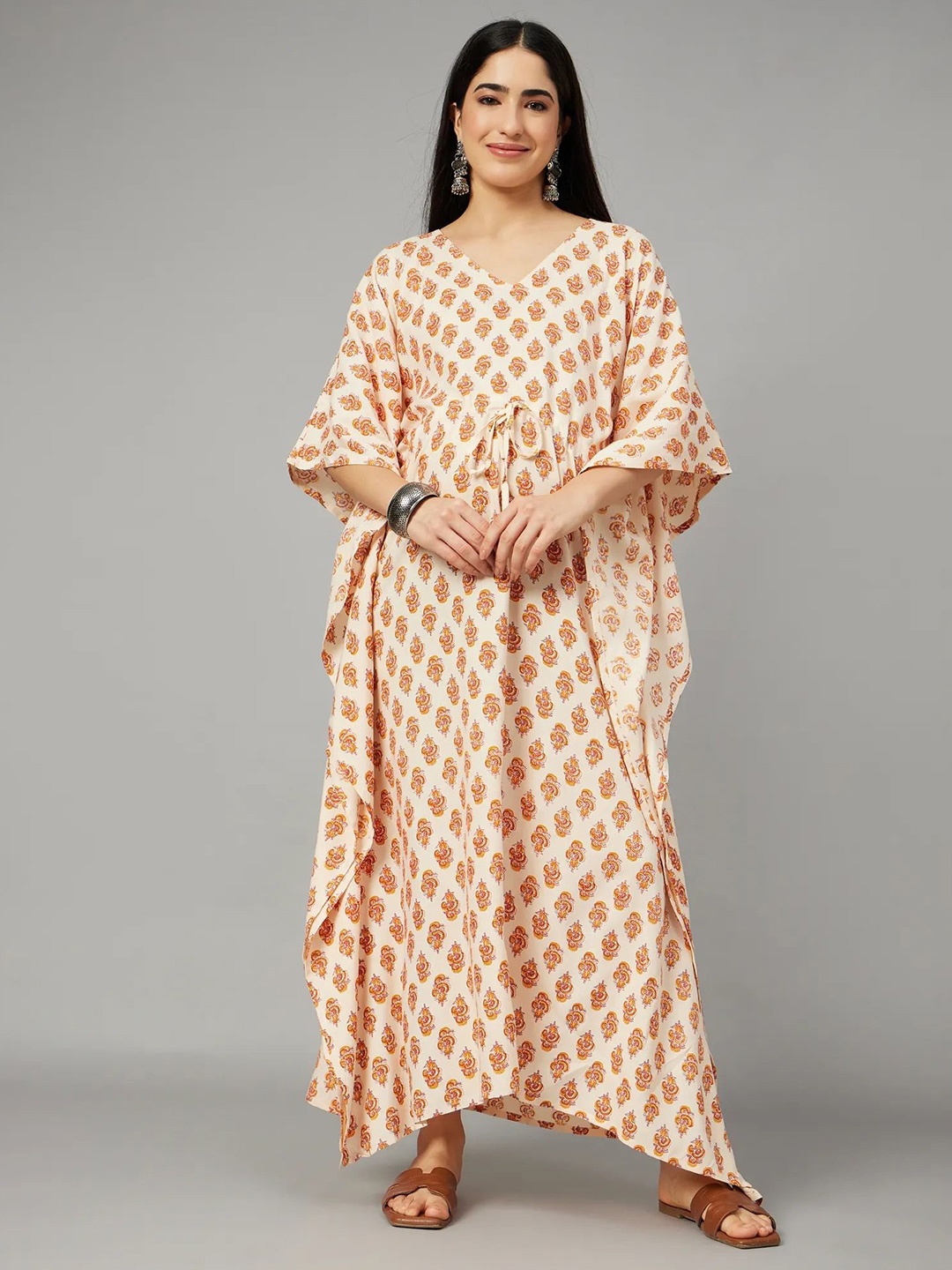 

Aaheli Ethnic Motifs Printed V-Neck Flared Sleeve Maternity Kaftan Maxi Dress, Cream