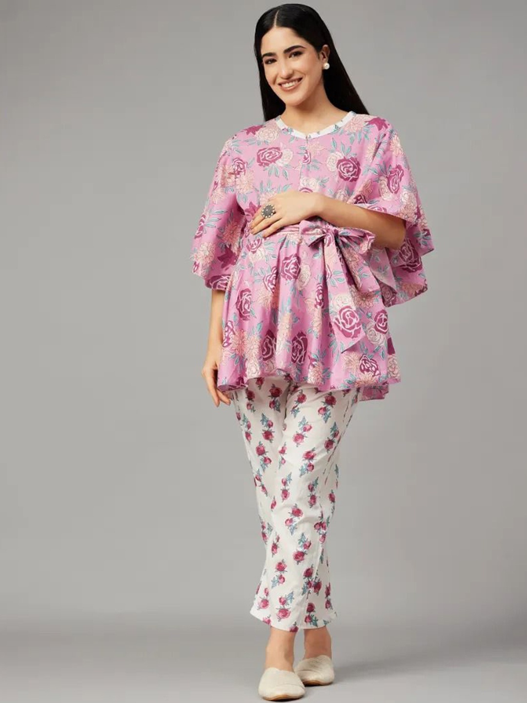 

Aaheli Floral Printed Round Neck Flared Sleeve Maternity Pure Cotton Top & Trouser, Purple