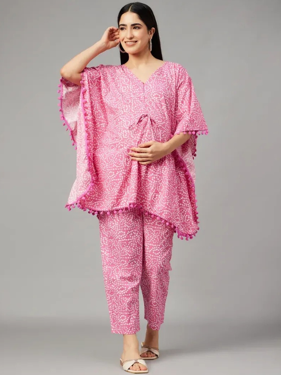 

Aaheli Bandhani Printed V-Neck Maternity Pure Cotton Kaftan Top With Trousers, Pink