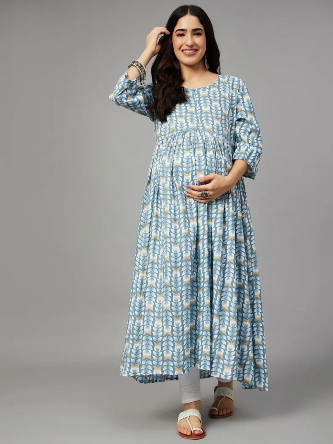 

Aaheli Tropical Printed Round Neck Maternity Maxi Dress, Blue