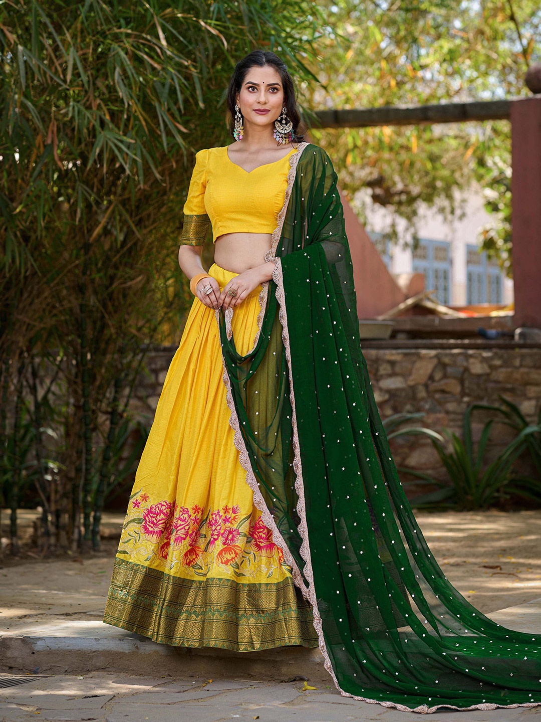 

LOOKNBOOK ART Embroidered V-Neck Semi Stitched Lehenga & Unstitched Blouse With Dupatta, Yellow