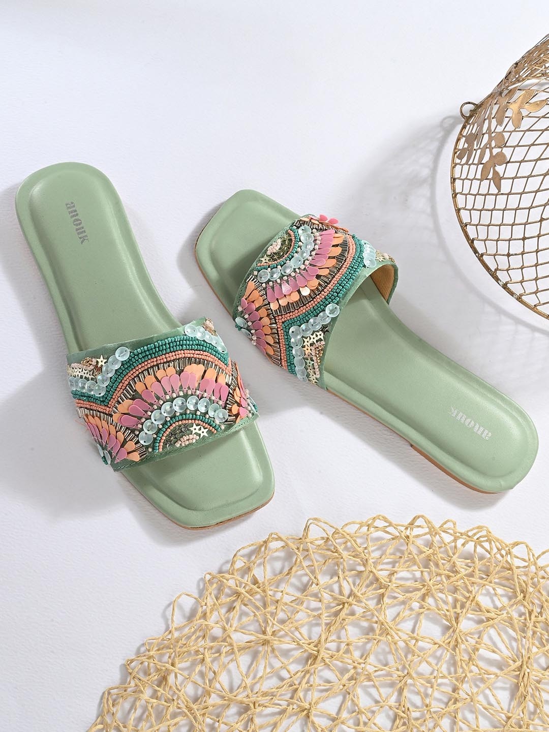 

Anouk Green Embellished Open Toe Flats