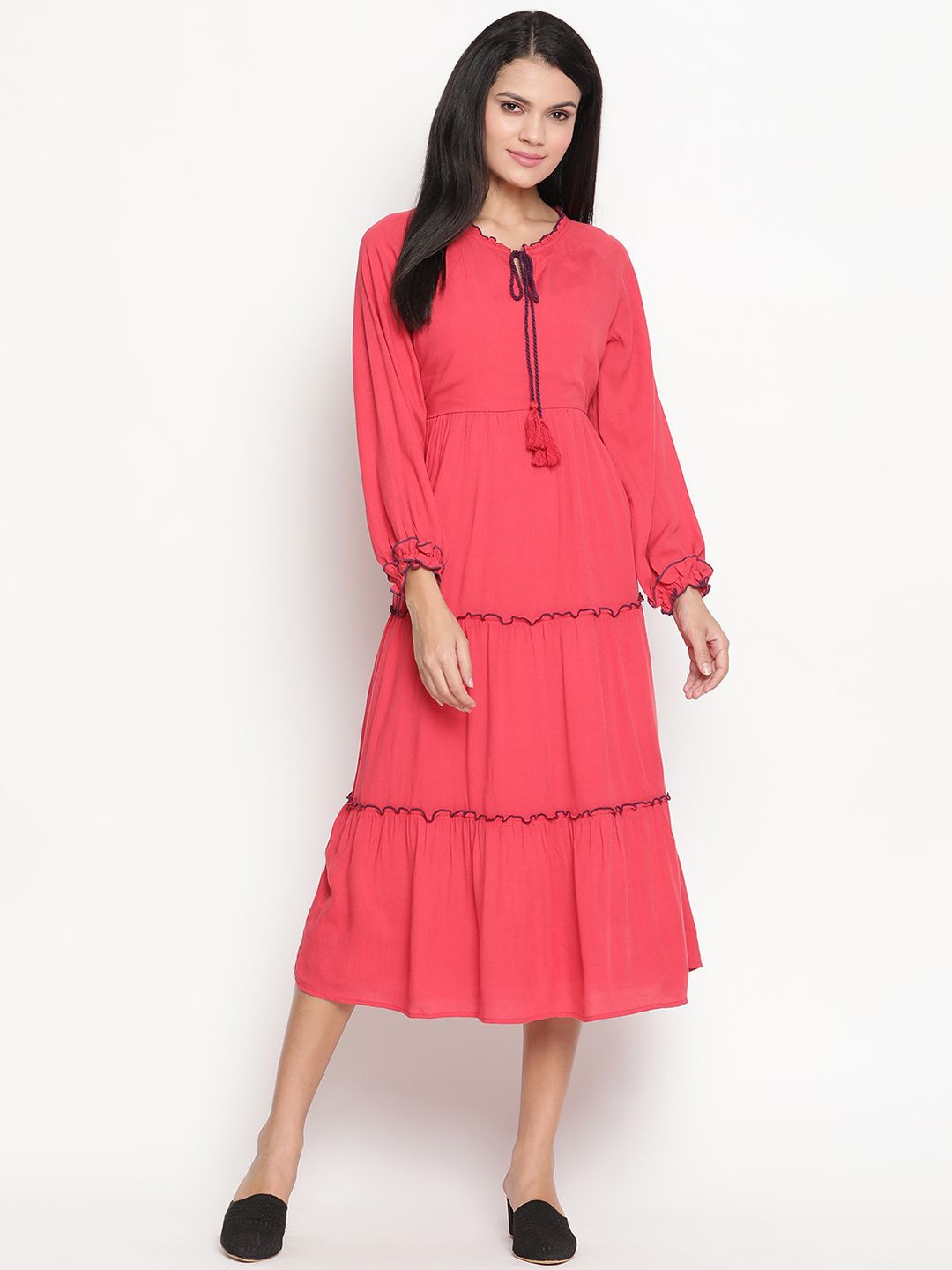 

HOUSE OF KKARMA Tie-Up Neck Cotton A-Line Midi Dress, Pink