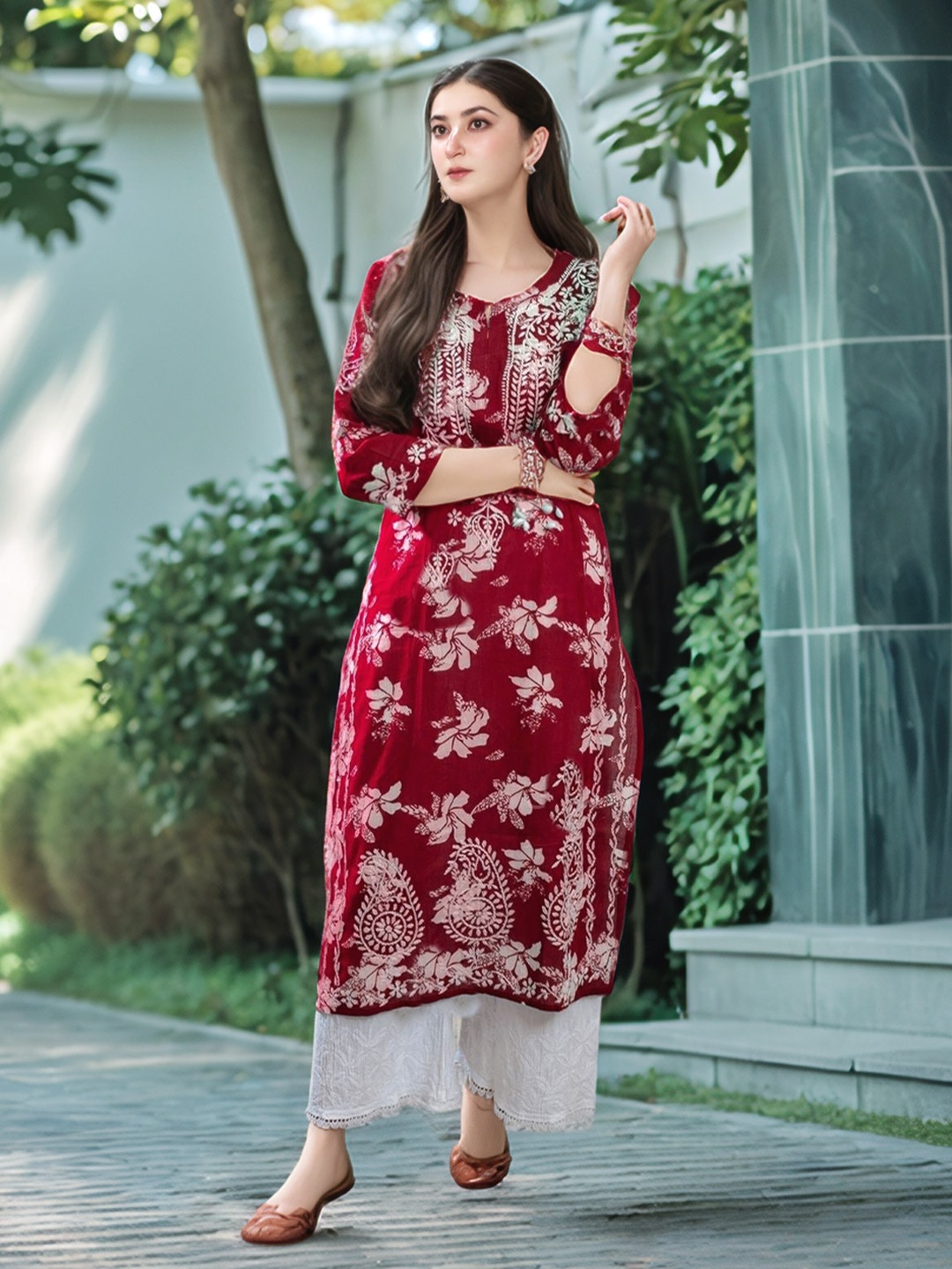 

Anni Designer Floral Printed Chikankari A-Line Kurta, Pink