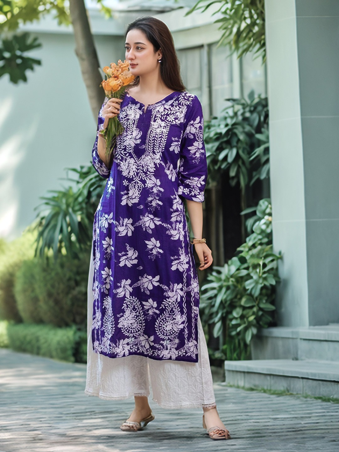

Anni Designer Floral Printed Thread Work A-Line Kurta, Violet