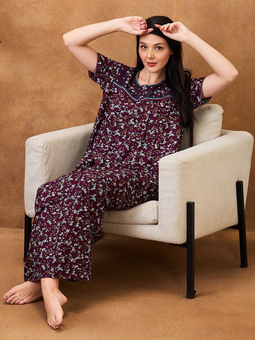 

AV2 Printed Pure Cotton Maxi Nightdress, Purple