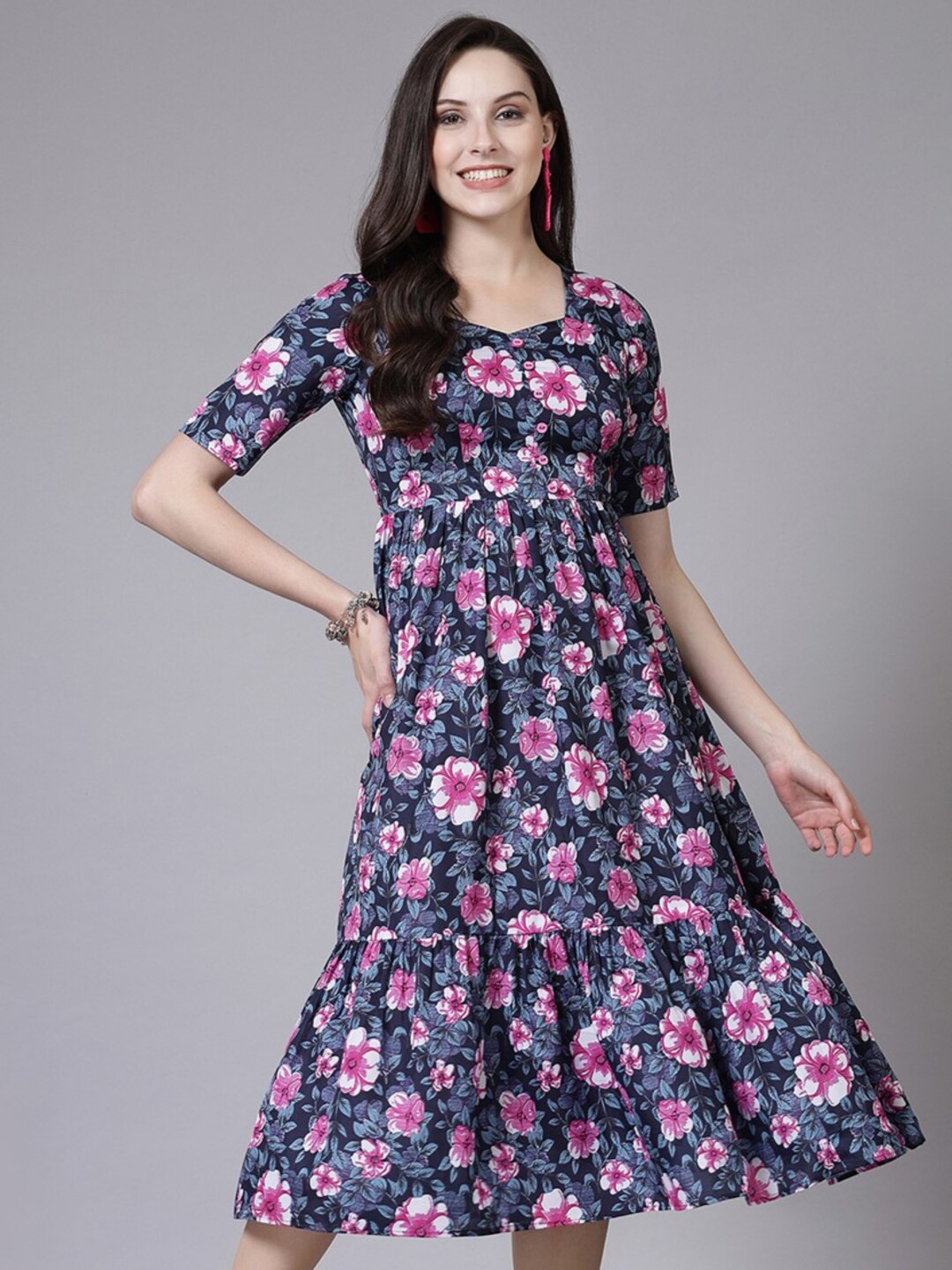 

Selvia Floral Printed Pleated Crepe A-Line Midi Dress, Navy blue