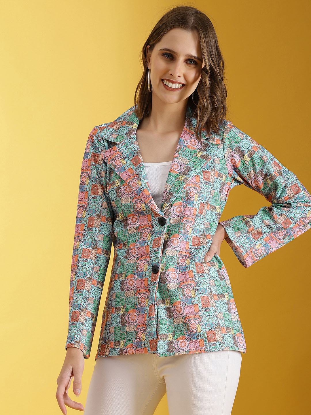 

Selvia Floral Printed Notched Lapel Double-Breasted Blazer, Green
