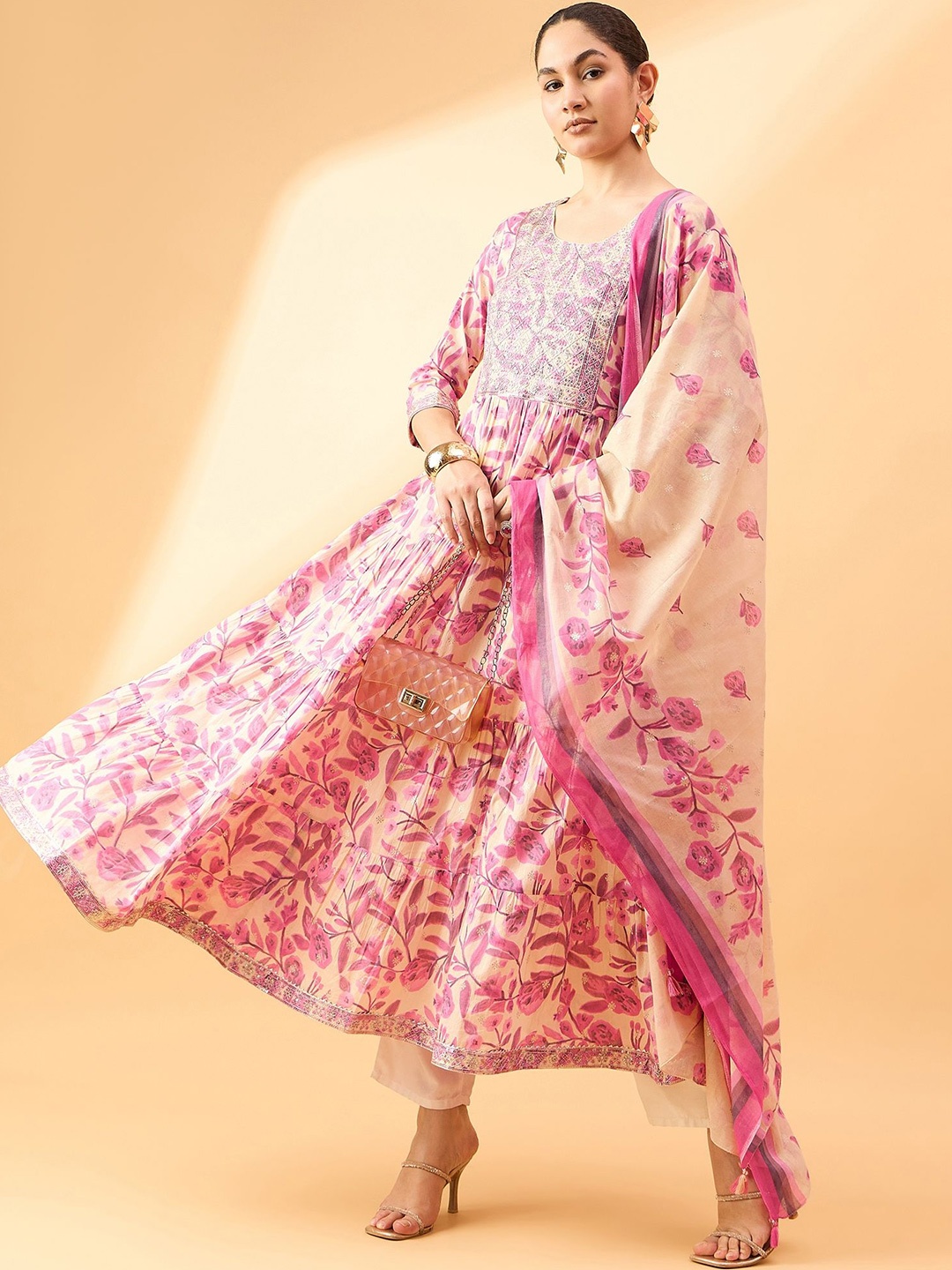 

all about you Pink & Beige Floral Printed Round Neck Cotton Ethinic Anarkali Dress