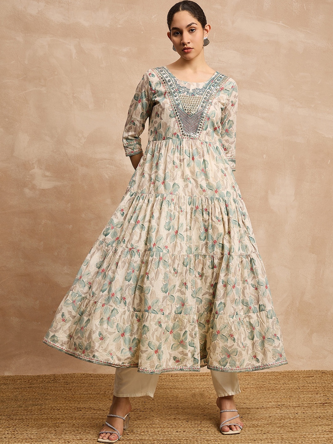 

all about you Off White & Green Floral Printed Cotton Ethinic Anarkali Dress