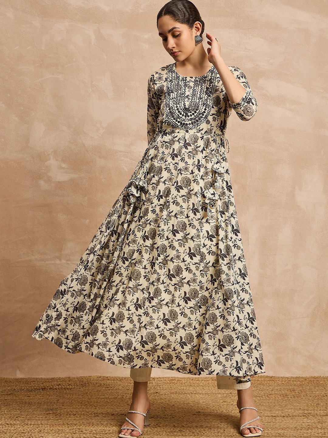 

all about you White & Black Floral Printed Round Neck Cotton Ethinic Anarkali Dress