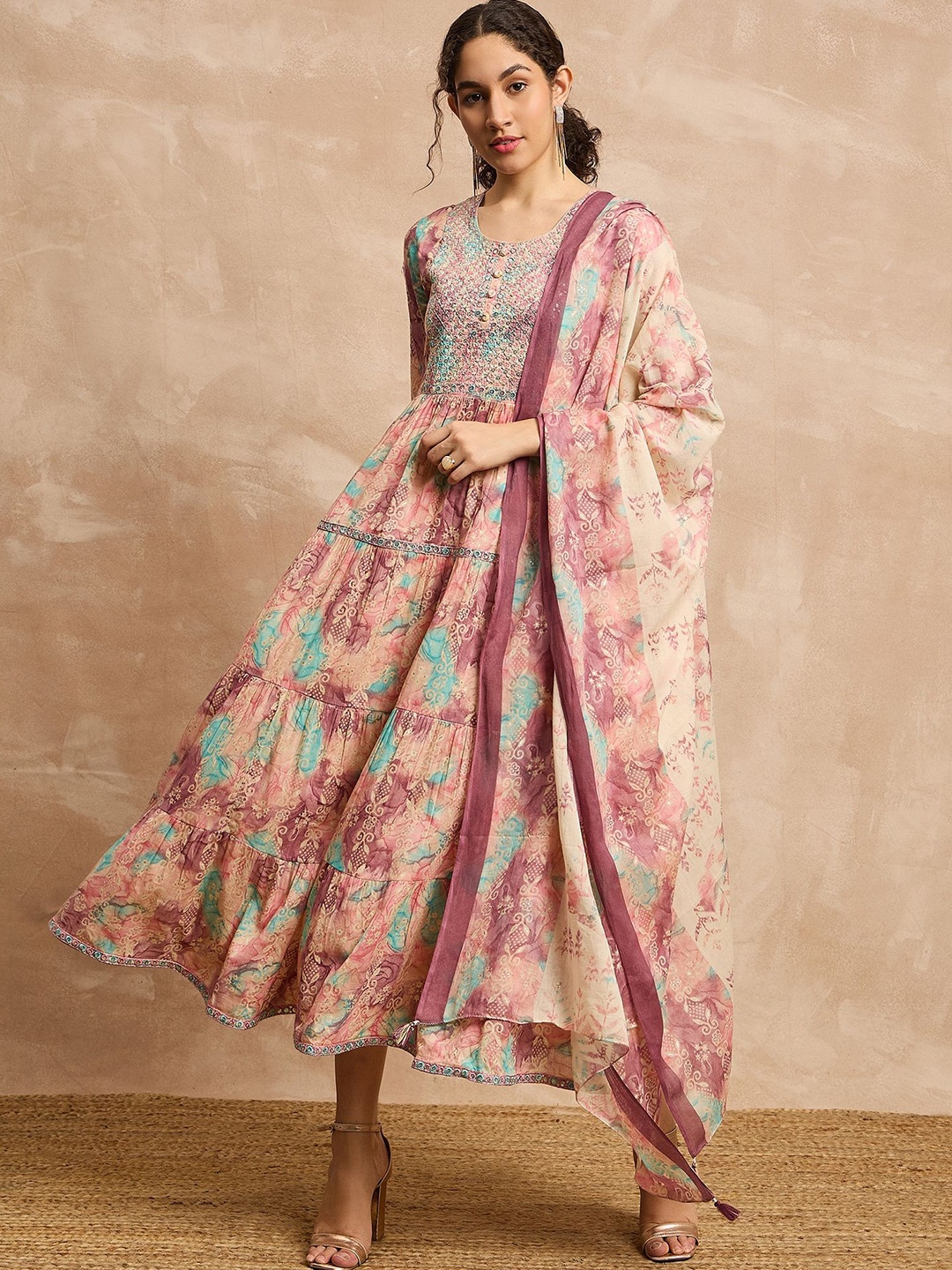 

all about you Printed Round Neck Cotton Ethinic Anarkali Ethnic Dresses, Pink