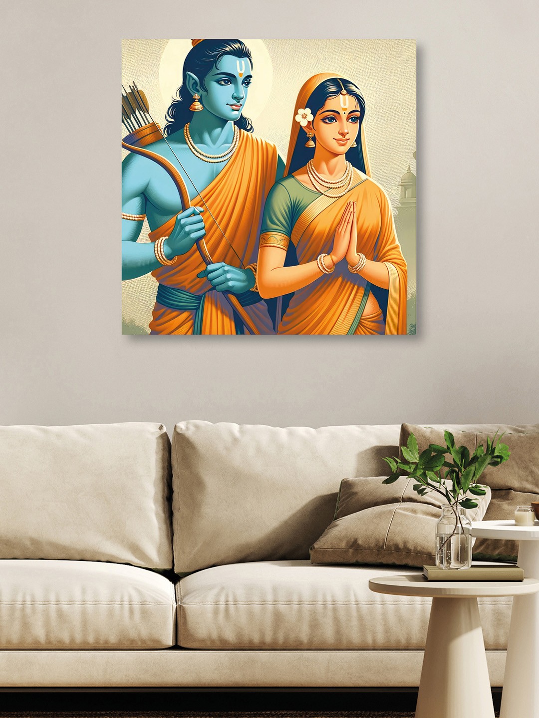 

OLIVE TREE Blue & Orange Lord Rama & Sita Religious Canvas Painting Wall Art