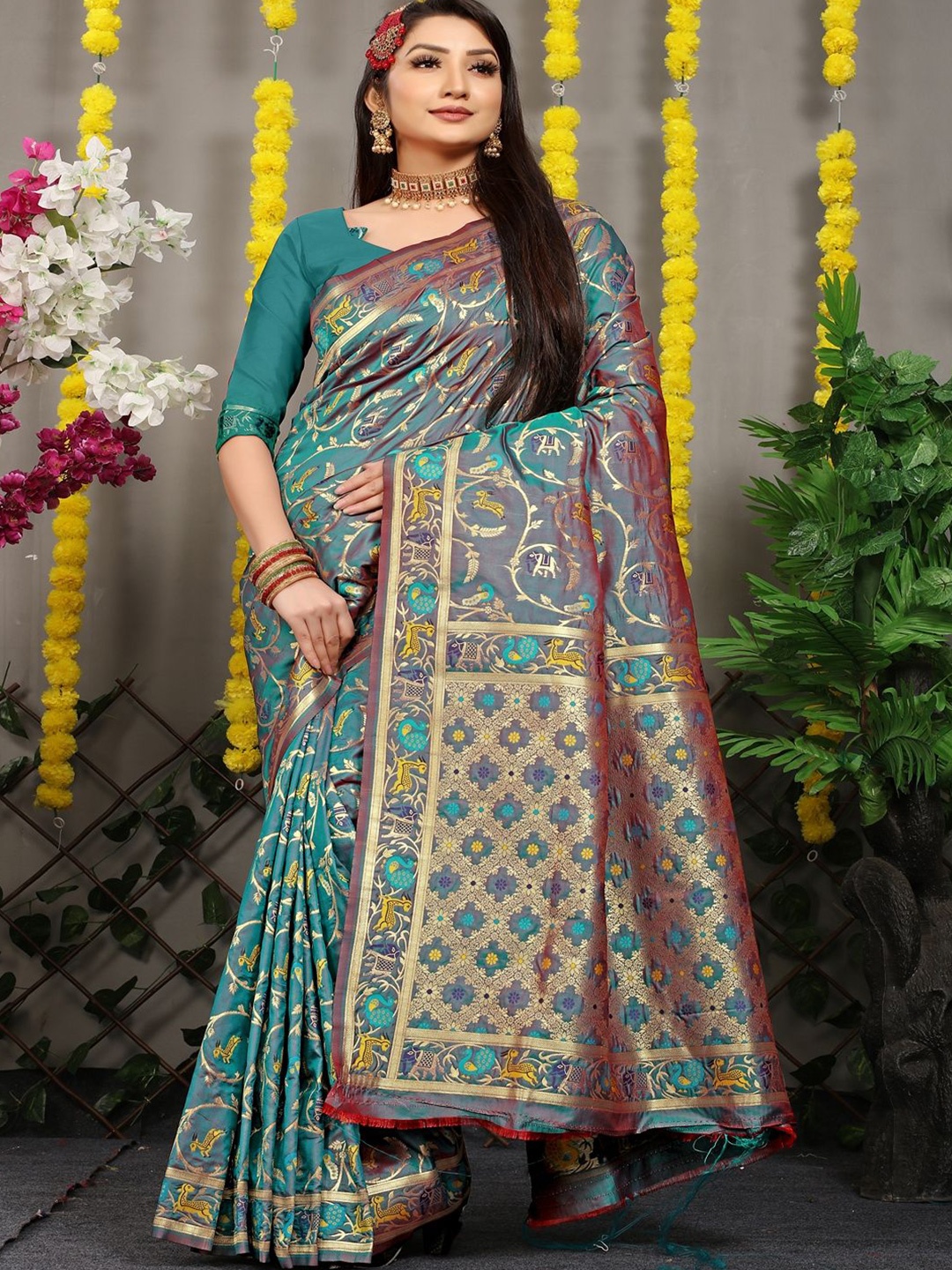 

SGF11 Woven Design Zari Kanjeevaram Saree, Teal