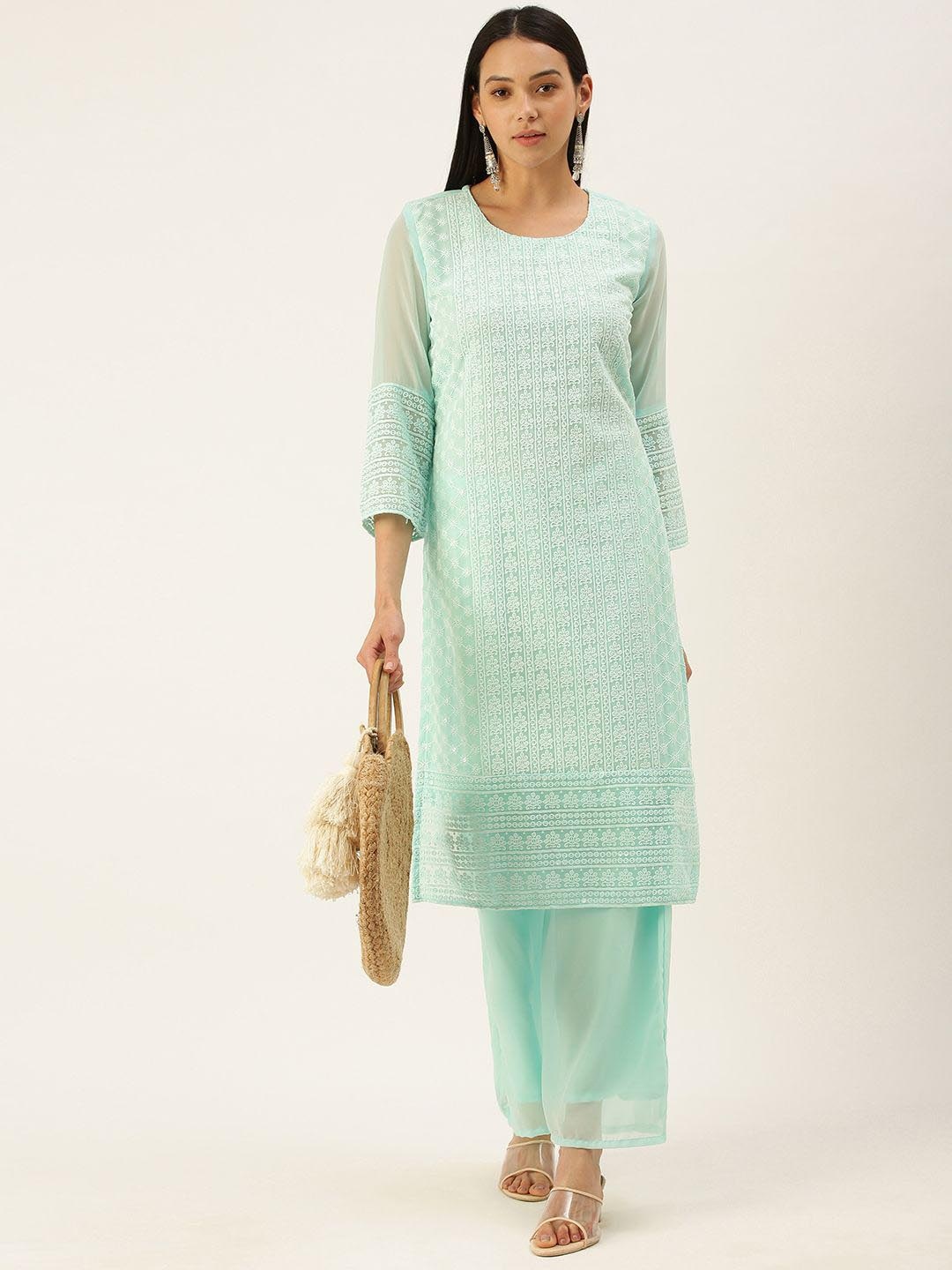 

all about you Floral Embroidered Chikankari Straight Kurta With Palazzos, Blue