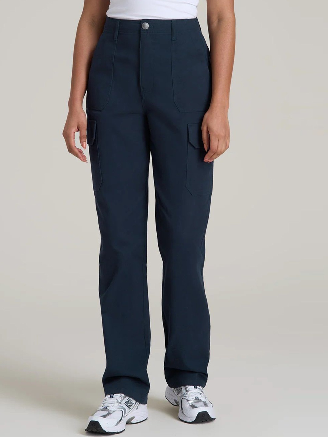 

FNOCKS Women Comfort Straight Fit High-Rise Easy Wash Formal Cotton Cargos Trousers, Navy blue