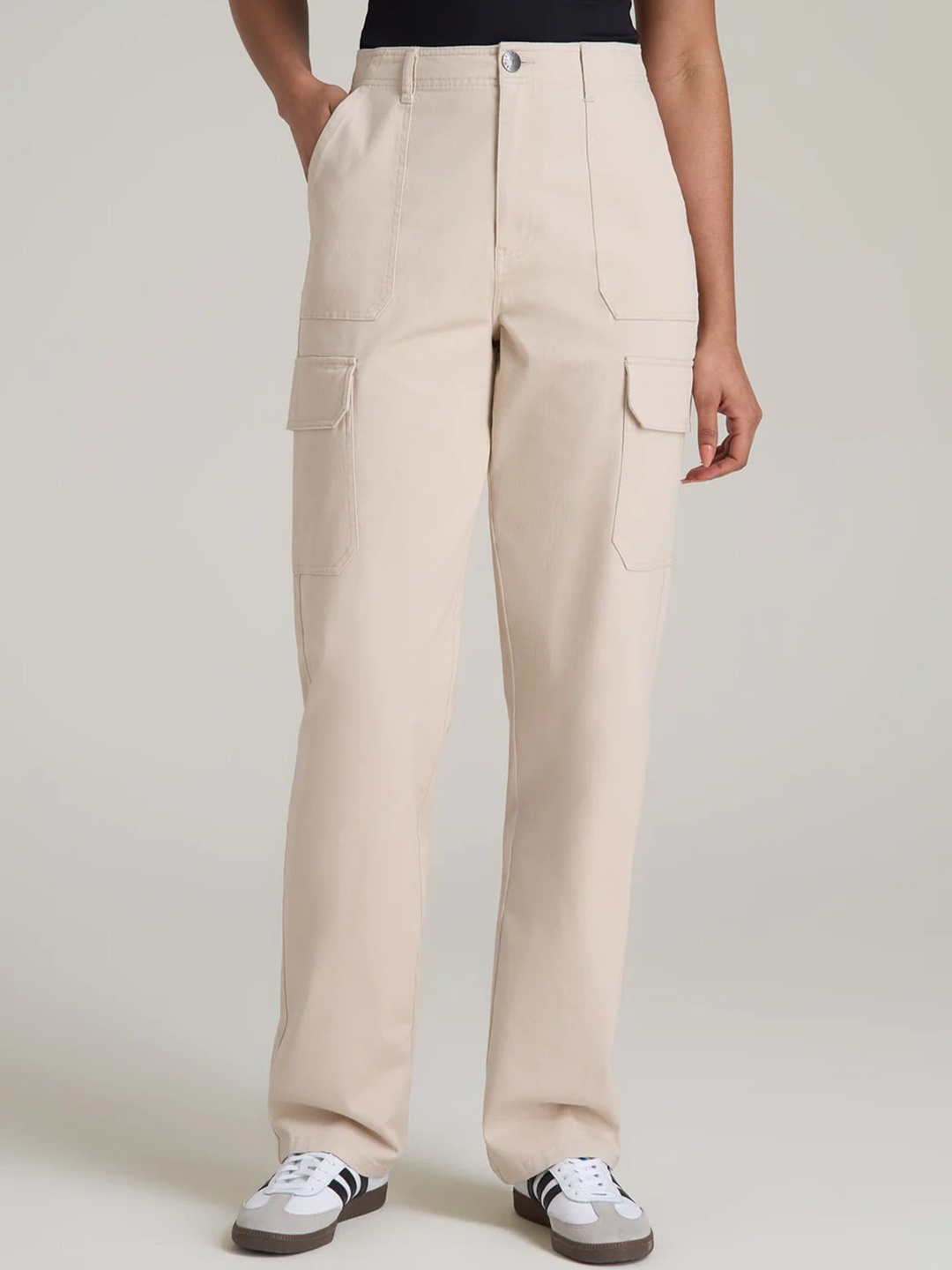 

FNOCKS Women Comfort Straight Fit High-Rise Easy Wash Cotton Cargos Trousers, Cream