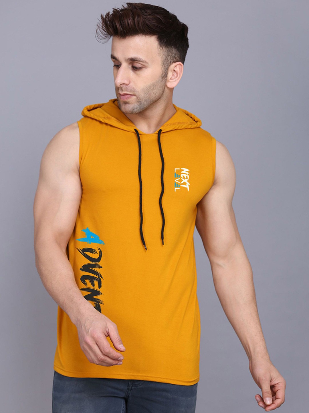 

SLOWLORIS Typography Printed Hooded Combed Cotton Gym Vest SL28 ADV MUSTARD