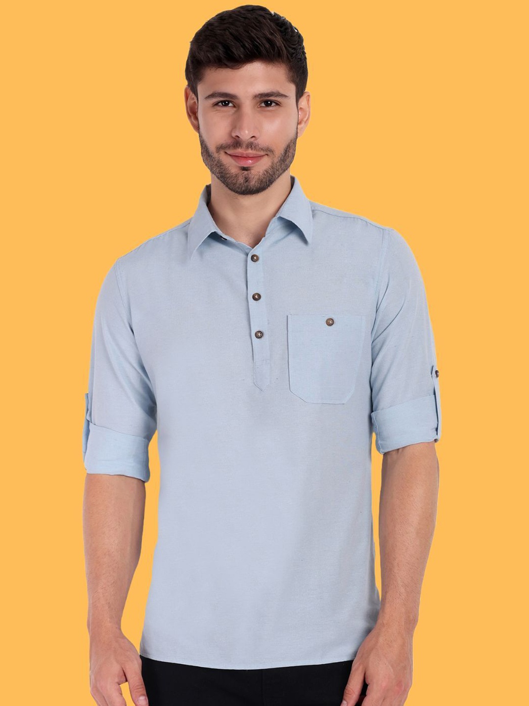 

Springberry Shirt Collar Roll-Up Sleeves Pure Cotton Pathani Kurta, Blue