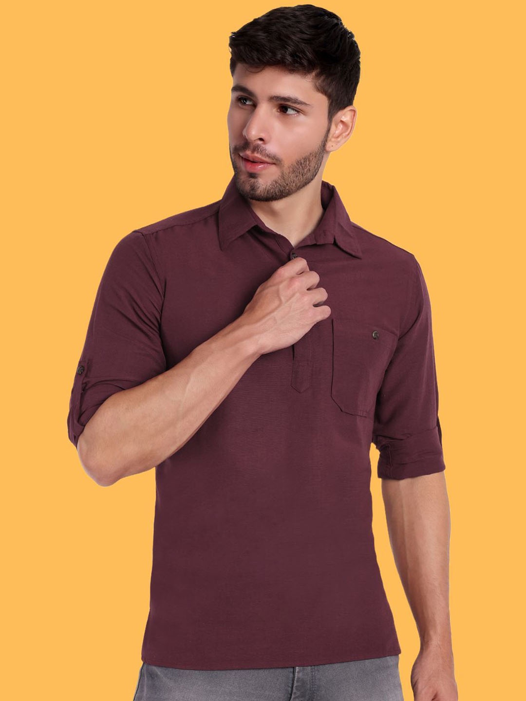 

Springberry Shirt Collar Regular Fit Cotton Pathani Kurta, Maroon