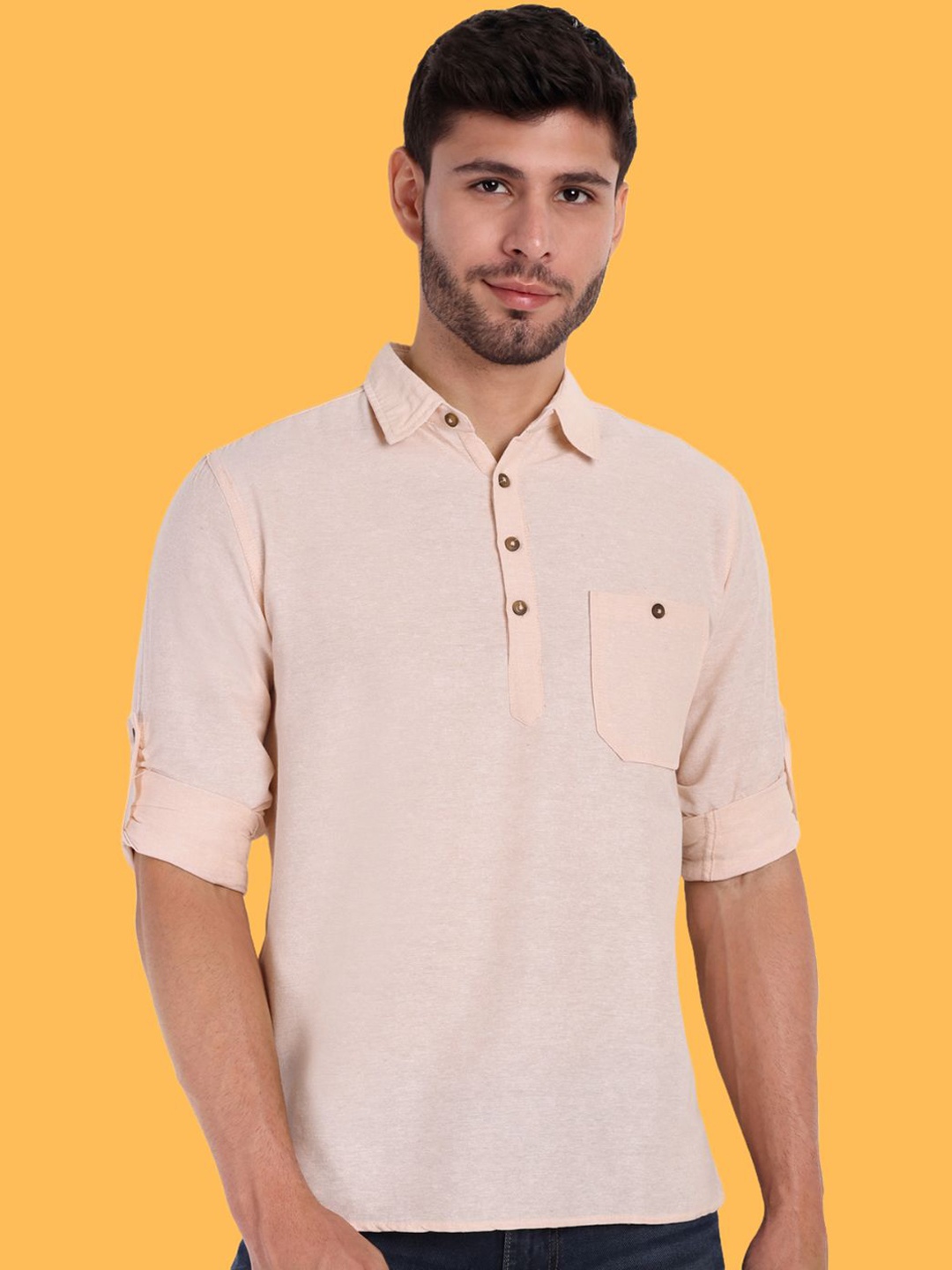 

Springberry Shirt Collar Regular Fit Cotton Pathani Kurta, Beige