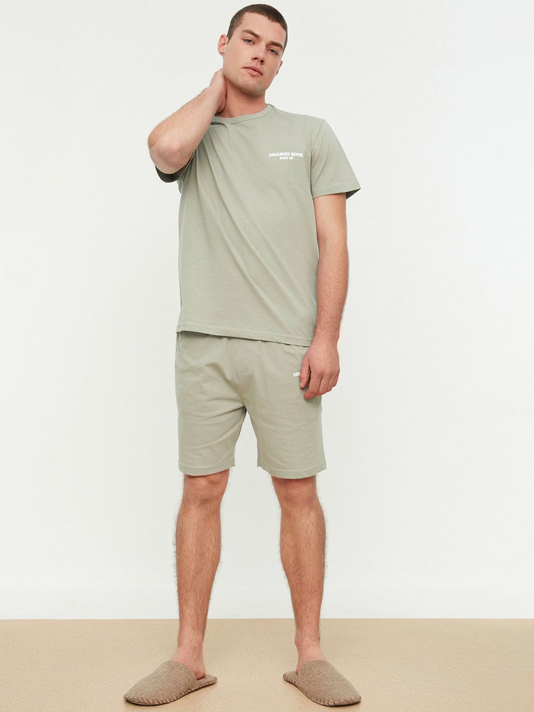 

Trendyol Round Neck Pure Cotton Night suit, Khaki